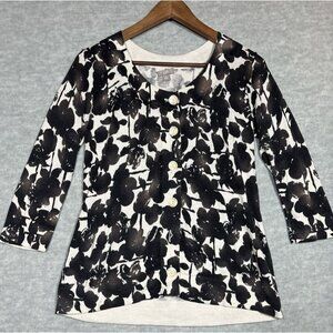 J Jill Womens Cardigan Sweater M Silk Cashmere Blend Black Floral Casual Elegant